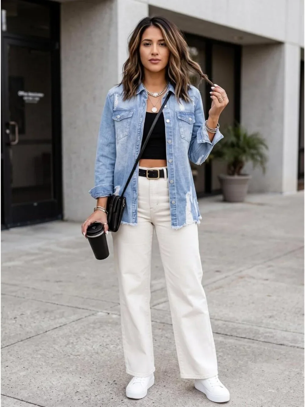 Women's Sky Blue Denim Button Down Oversized Distressed Boyfriend Jean Jacket